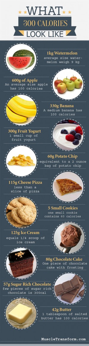 What 300 Calories of Different Foods Looks Like Graphic